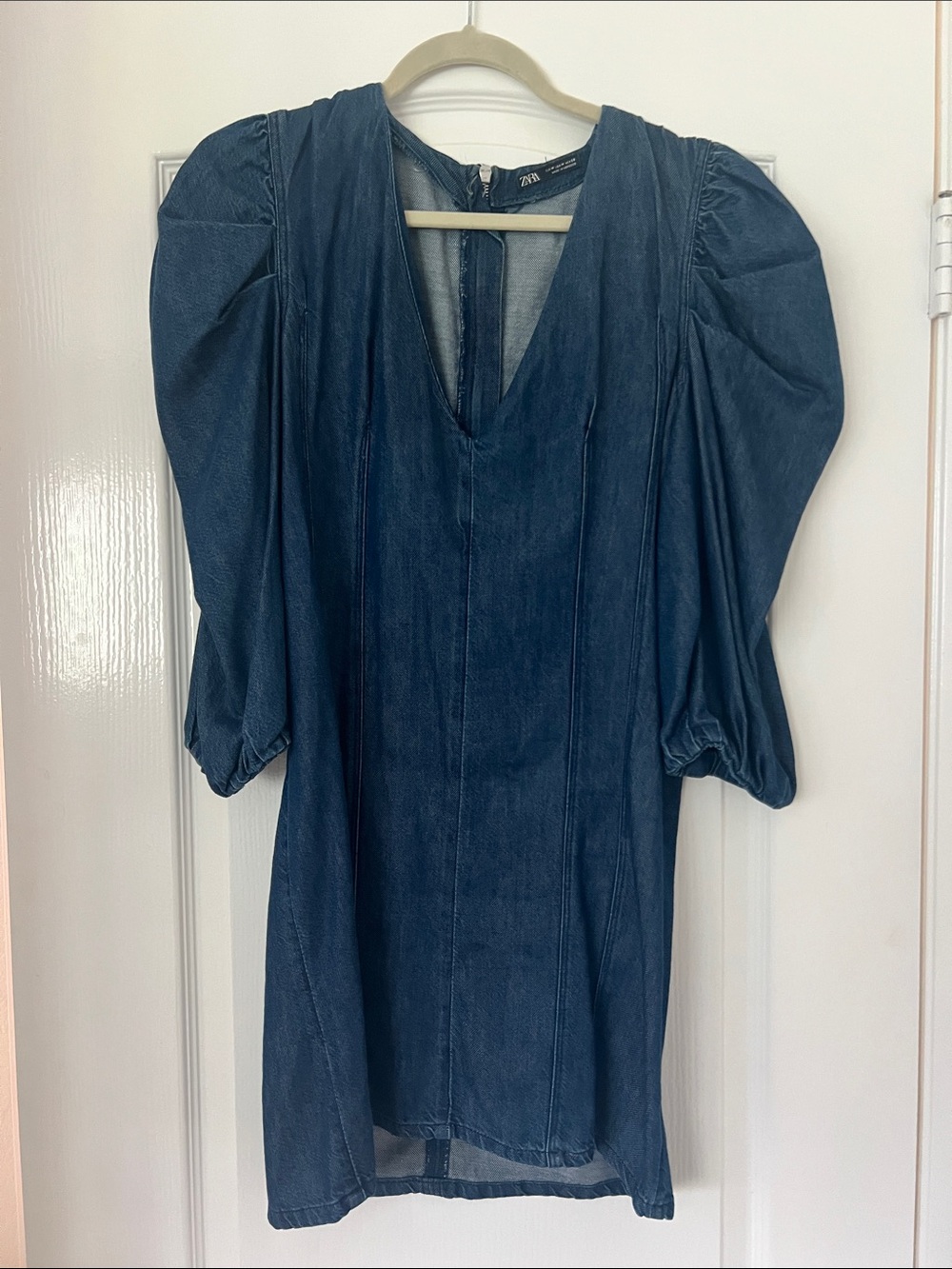 Zara Dark Blue Denim Puff-Sleeve Mini Dress